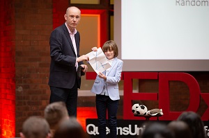 'Democracy = Random + Reason' Professor of Political Behaviour John Garry with his volunteer at TEDxQueensUniversityBelfast on Thursday 23 May 2019