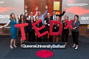 The organising committee celebrating the conclusion of TEDxQueensUniversityBelfast with host Colletta Smith