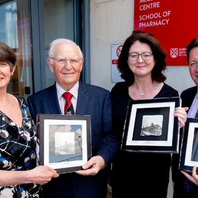 Launch of School of Pharmacy Fellowship programme acknowledging three individuals who have made a significant contribution to Pharmacy: L-R: Carmel Hughes, Tom Eakin, Anne Friel, Dr Terry Maguire.