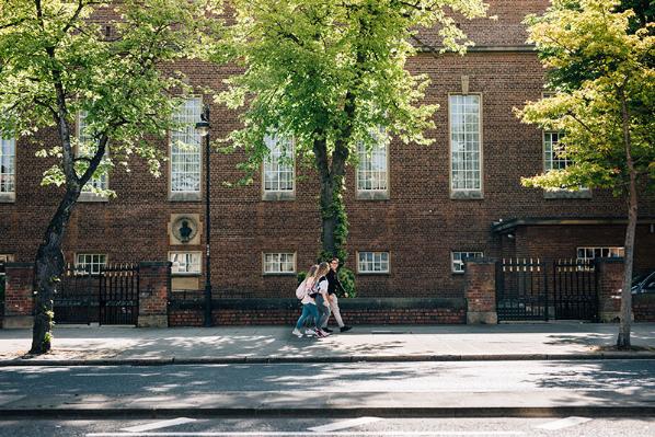 Students on tree-lined street