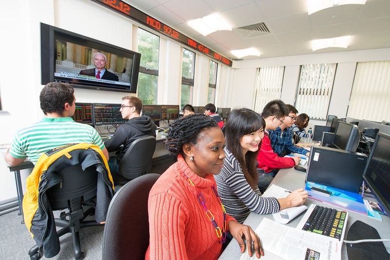 Students using the School of Management Trading Room