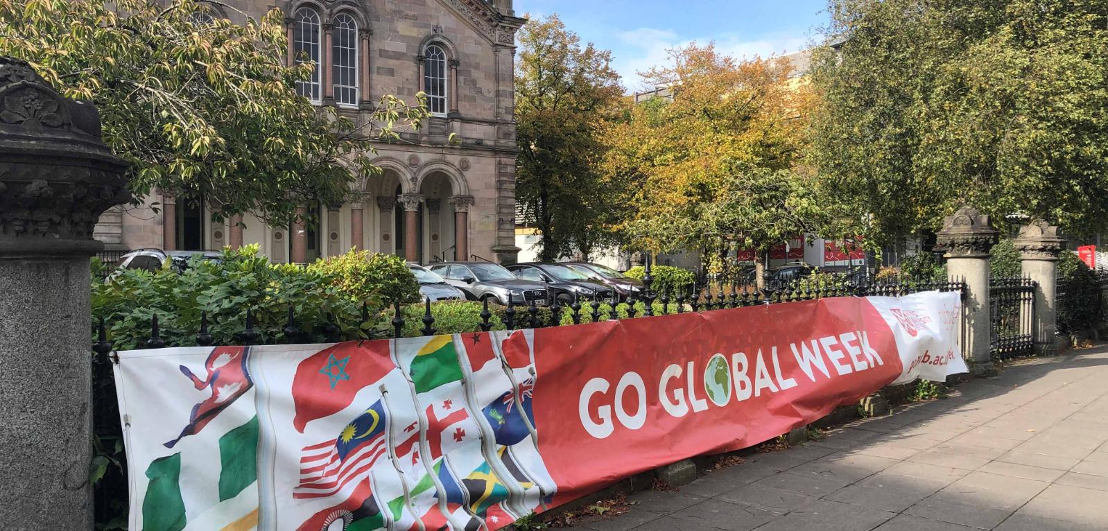 Photo of go global week banner outside elmwood hall