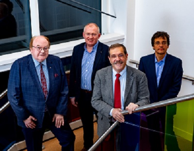 (Left to Right: Professor Gerry McKenna, Royal Irish Academy; Professor Robert Bowman, Queen's University Belfast; Professor Alain Aspect; Professor Mauro Paternostro, Queen's University Belfast)