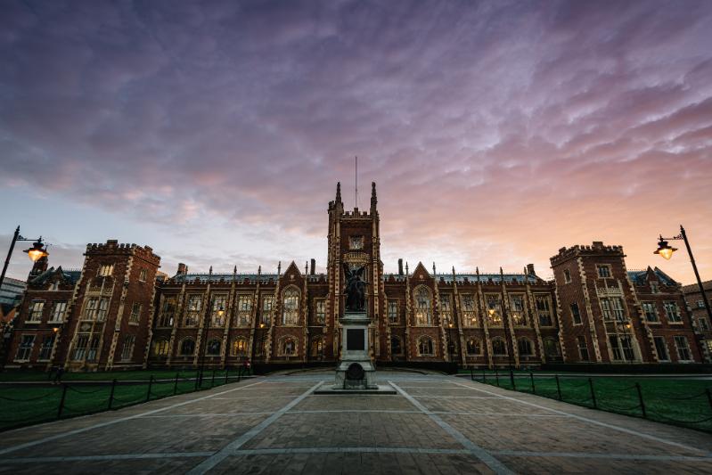 Wide shot of Queen's at dusk