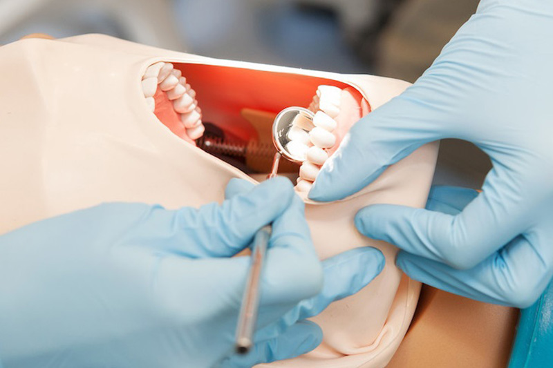 Student practicing dentistry on a dummy patient