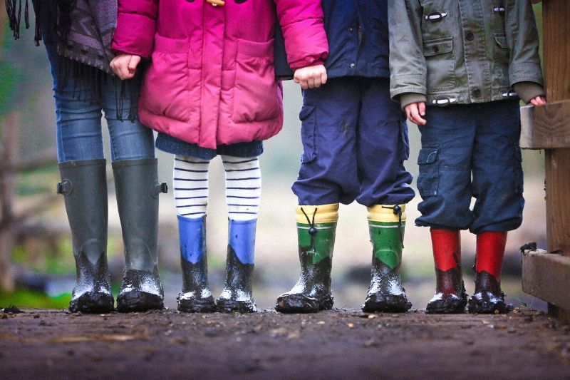 Children in wellington boots and coats