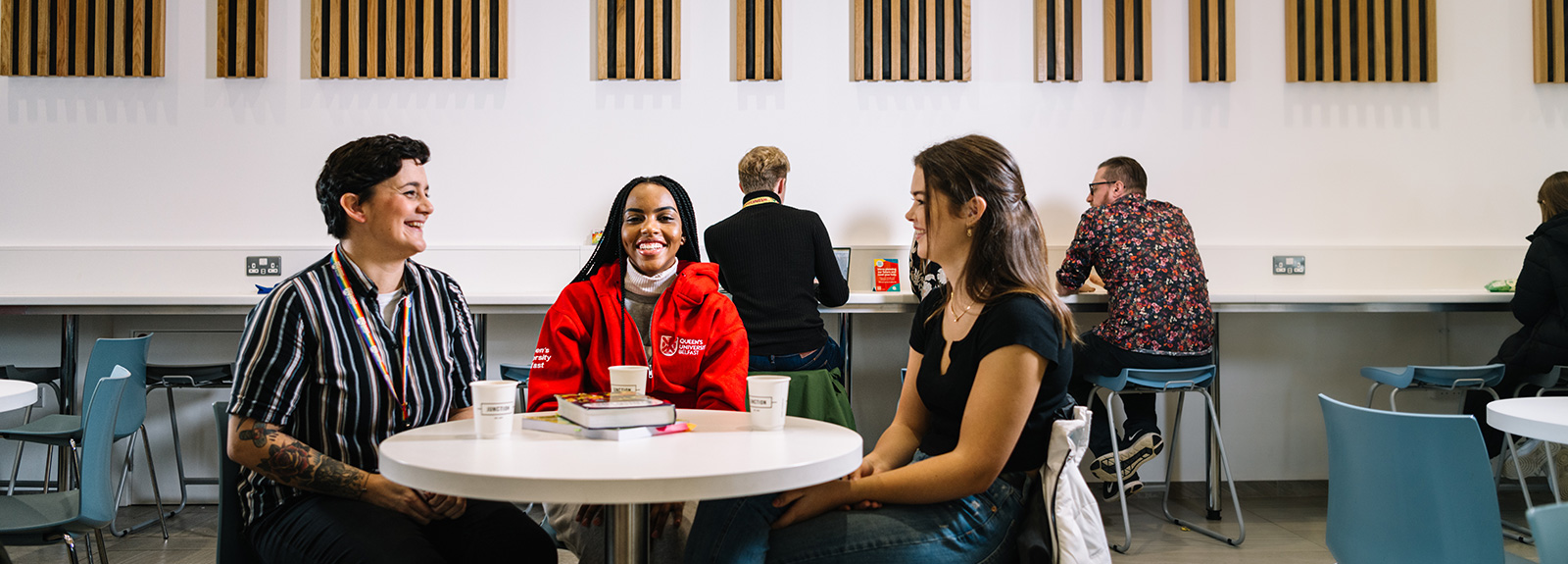 Students sitting in junction with coffees