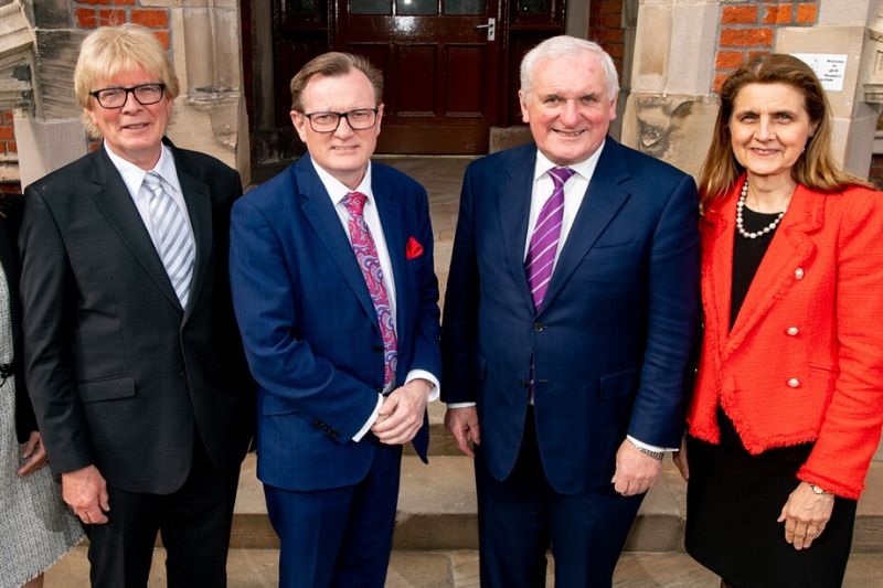 Bertie Ahern, the VC and guests outside the Lanyon building