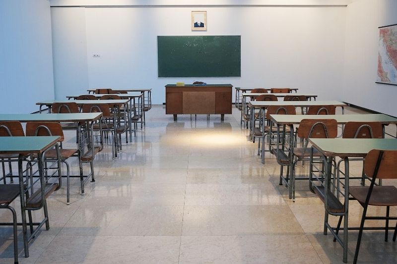 Tables and chairs in a classroom