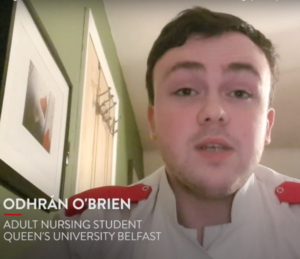 Nursing student, Odhran, speaks to the camera from home