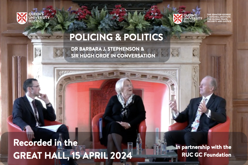 Dr Peter Mcloughlin, Dr Barbara Stephenson &Sir Hugh Orde seated at the front of the Great Hall