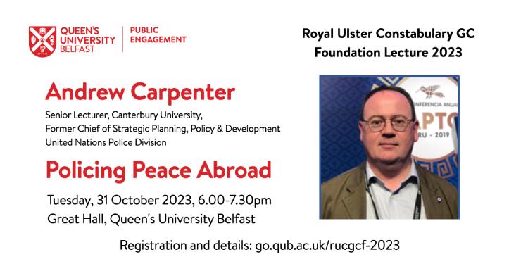 RUC GC Foundation event slide: photo of Andrew Carpenter, title and details.