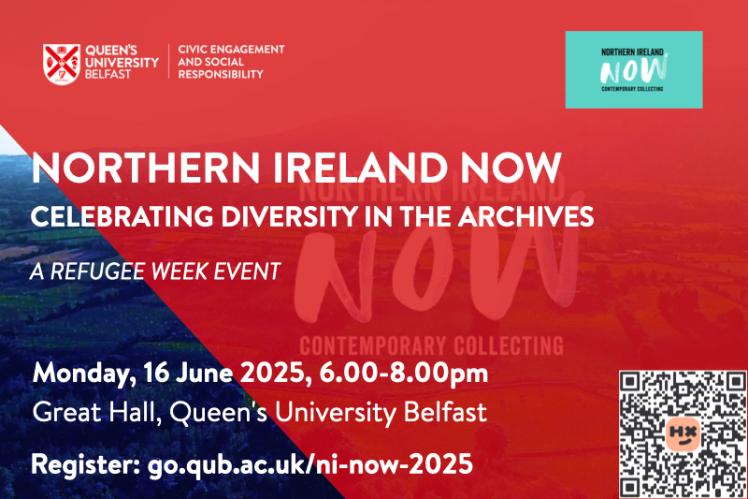 Flyer for Northern Ireland Now event, with title and details on red, superimposed on image of Northern Ireland countryside seen from a height