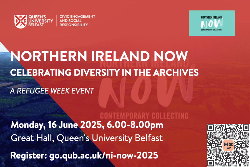 Flyer for Northern Ireland Now event, with title and details on red, superimposed on image of Northern Ireland countryside seen from a height