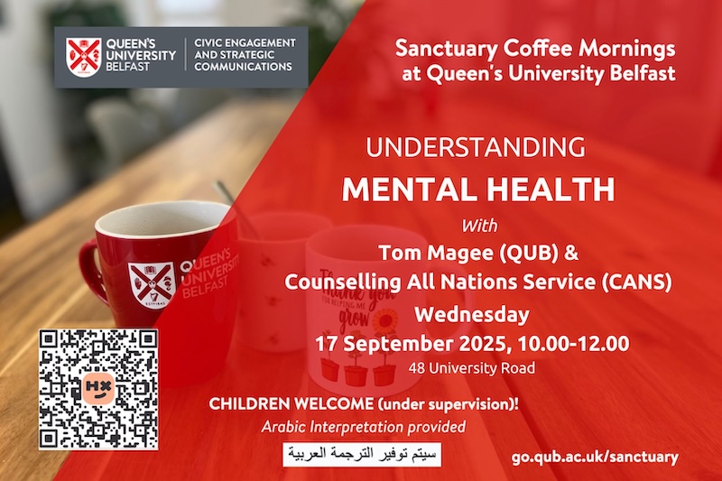 Flyer for Sanctuary Coffee Morning on Mental Health, with details of time, room etc, plus QR code, on an image of coffee mugs on a table.