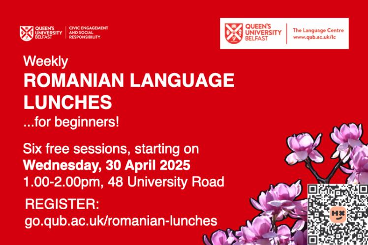 Flyer for the Romanian Language Lunhces series, on red background with flower image in corner