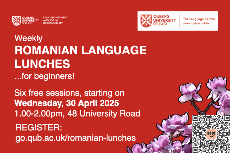 Flyer for the Romanian Language Lunhces series, on red background with flower image in corner