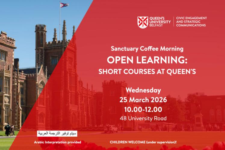 Flyer for event, with title and details as in the main post, on red background superimposed on image of Lanyon Building in sunshine