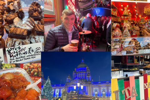 Student Belfast Christmas market collage showing food and drink stalls