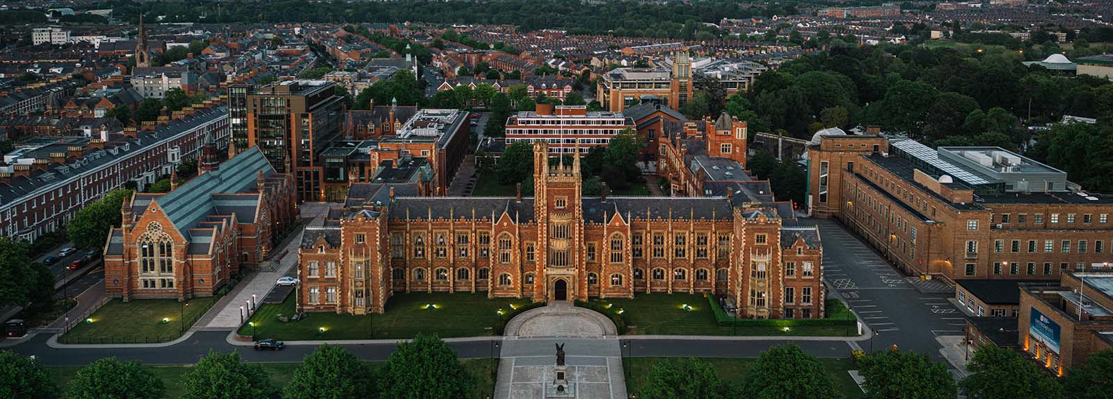 Drone shot of the Lanyon, Graduate School and Whitla Hall