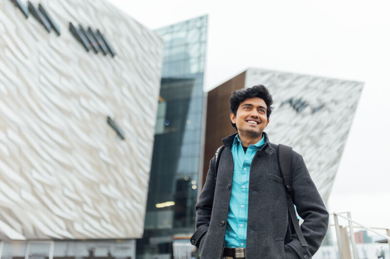 Student Durgadas stands in front of Titanic Museum