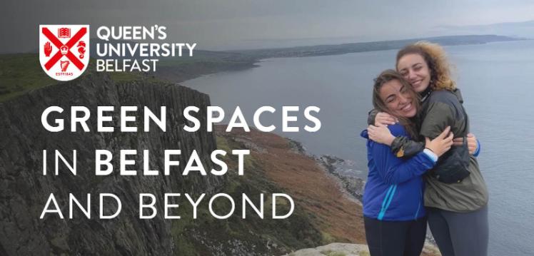 Green Spaces in Belfast and Beyond vlog thumbnail, showing student Ghada hugging her friend on top of Cave Hill