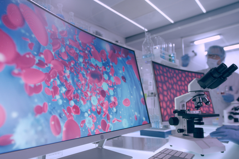 Researcher in lab environment beside computer screen and microscope