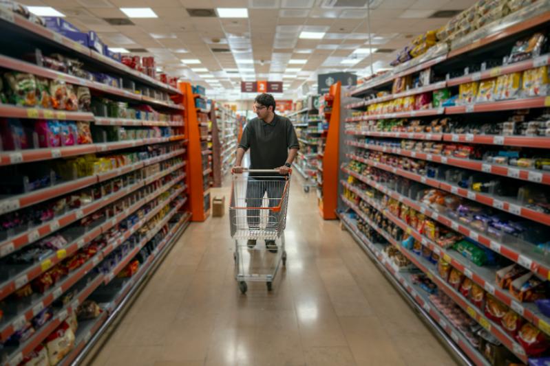 Man shopping in Polish supermarket