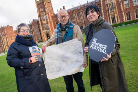 Pictured left to right Head of Culture and Arts at Queen's, Joan Parsons; Professor Keith Lilley and Sarah Jones, Director at NI Science Festival