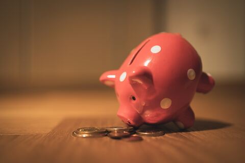 Pink piggy bank looking down at coins
