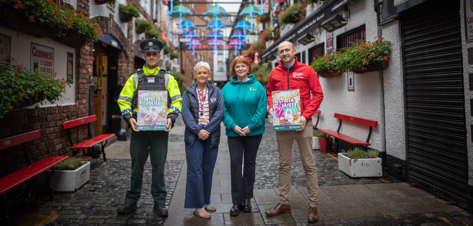 (L-R) PSNI Belfast City Chief Inspector, Mark Conway; Paula Irvine, Student Wellbeing Manager and Deputy Designated Safeguarding Manager at Belfast Met; Una Calvert, Community Relations Officer at Ulster University; Ryan Rankin, Neighbourhood Engagement Officer, at Queen’s