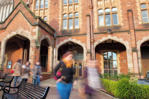 Students passing through The Quad on a winter morning