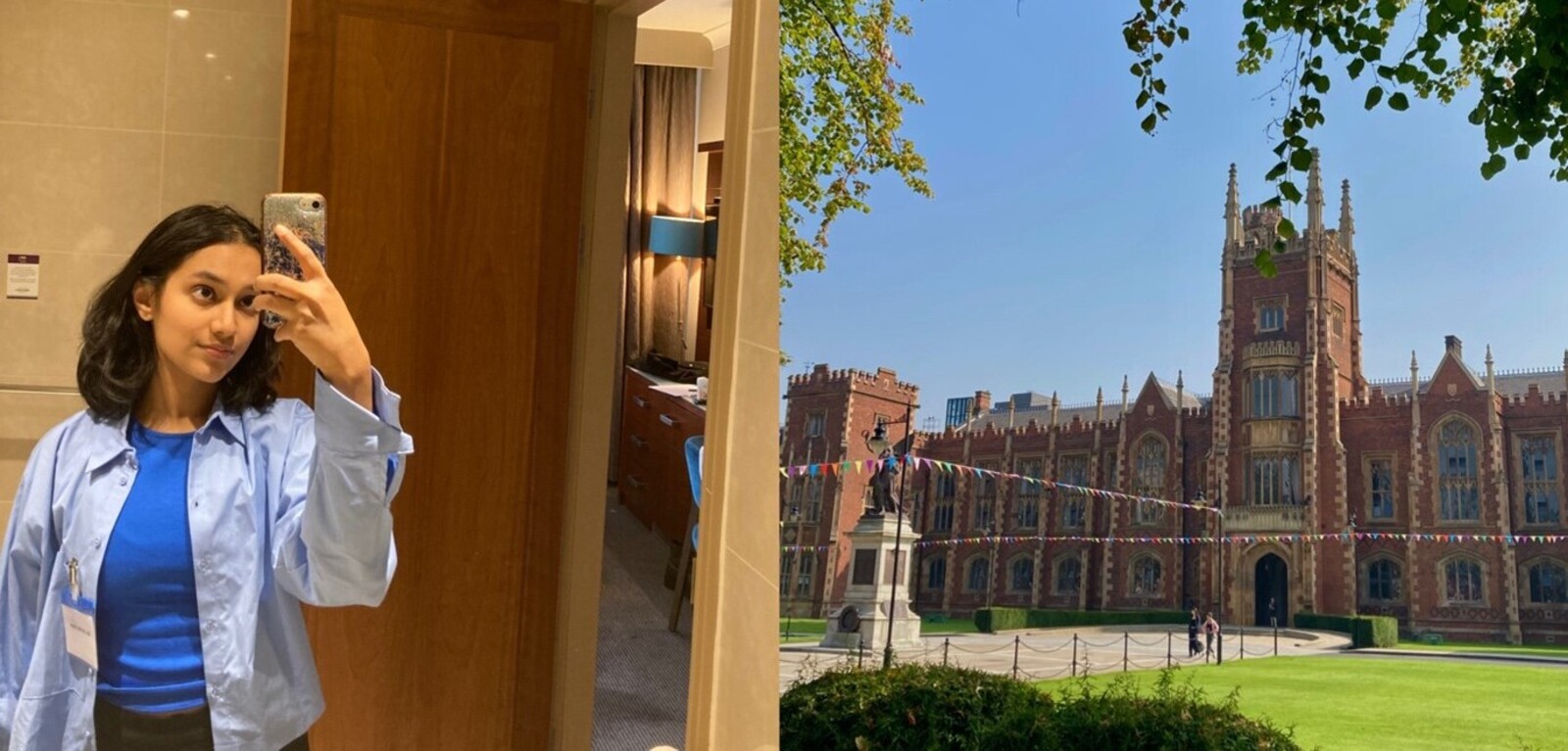 Student takes selfie with image of Lanyon next to her