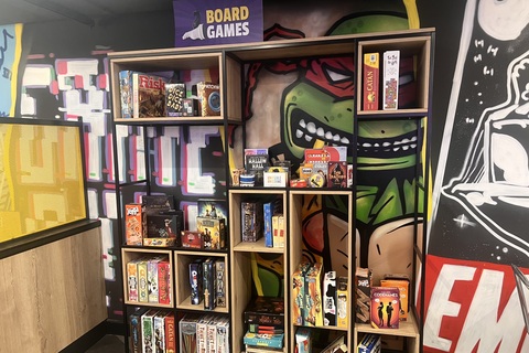 Board game display in Reboot cafe