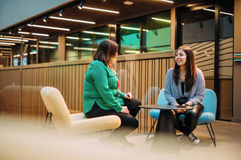 Student and Staff member in the One Elmwood Students Union building