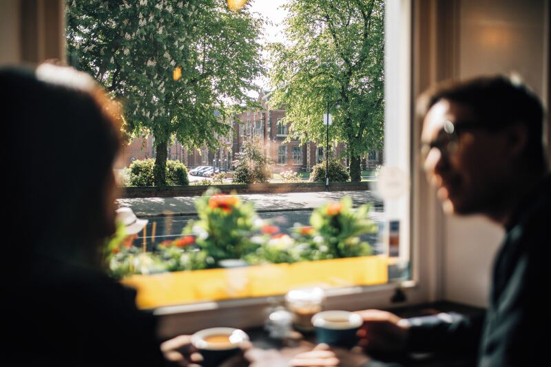 Two students having coffee in The Pocket