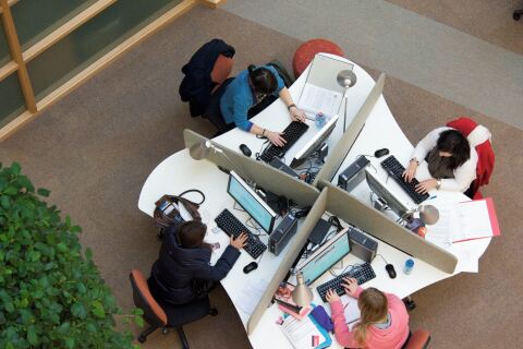 Four Students in McClay Library on desktops