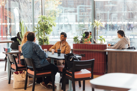 Students talking in QUB Social Cafe