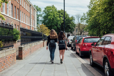 Students walking through the quad