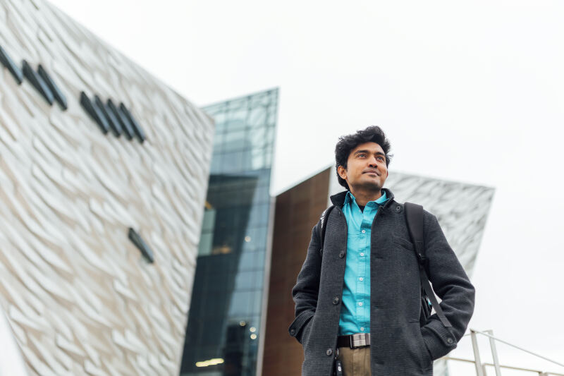 Student Durgadas in front of the Titanic Museum