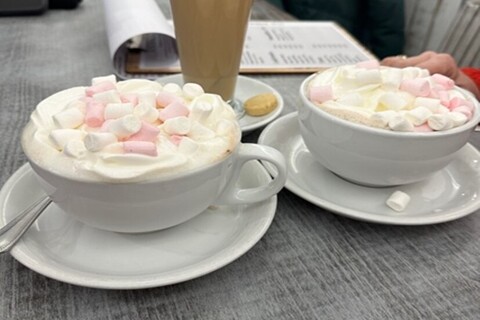 Two cups of hot chocolate with marshmallows
