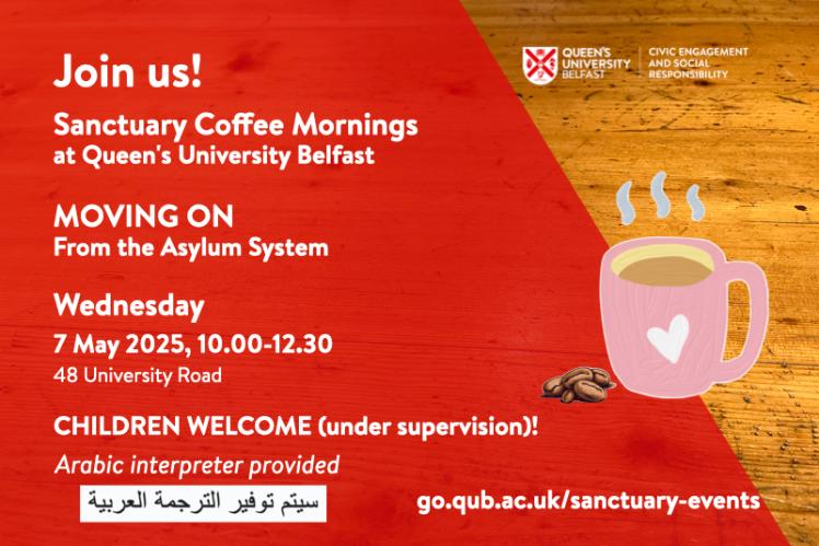 Flyer for Sanctuary Coffee Morning, with details of the event, a red background superimposed on a table with image of steaming coffee mug.