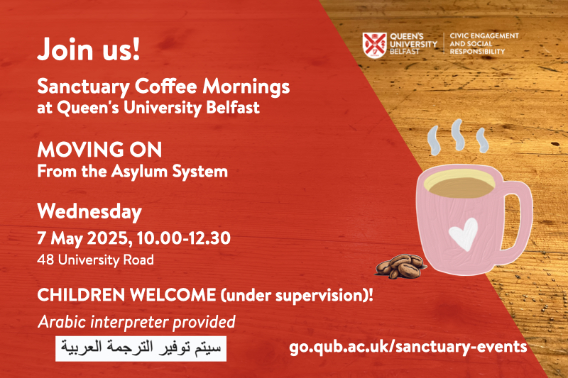 Flyer for Sanctuary Coffee Morning, with details of the event, a red background superimposed on a table with image of steaming coffee mug.