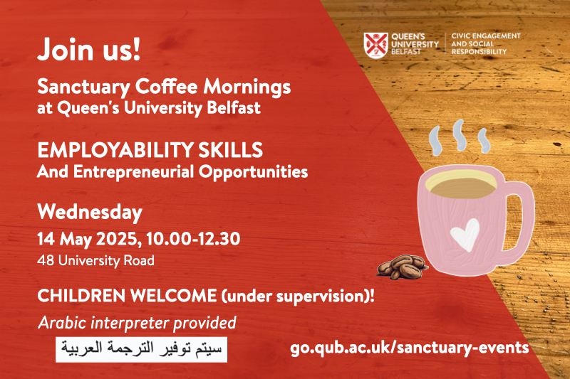 Flyer for Sanctuary Coffee Morning, with details of the event, a red background superimposed on a table with image of steaming coffee mug.