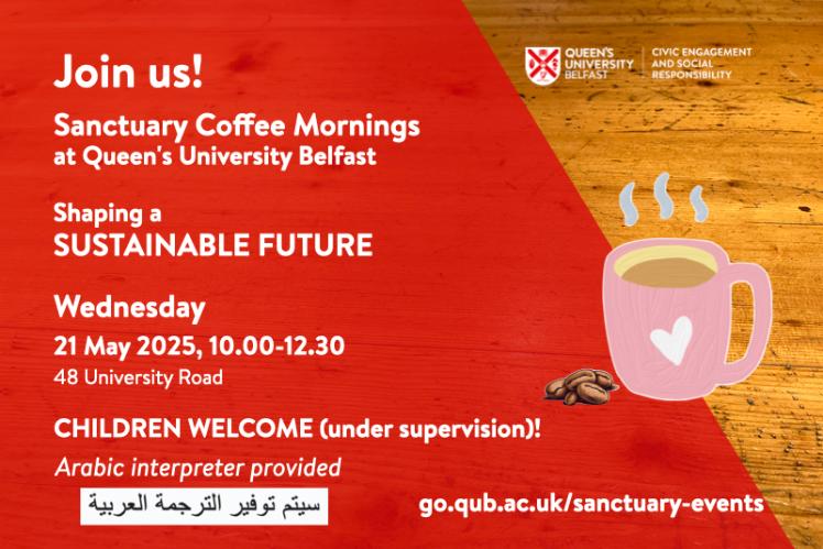 Flyer for Sanctuary Coffee Morning, with details of the event, a red background superimposed on a table with image of steaming coffee mug.