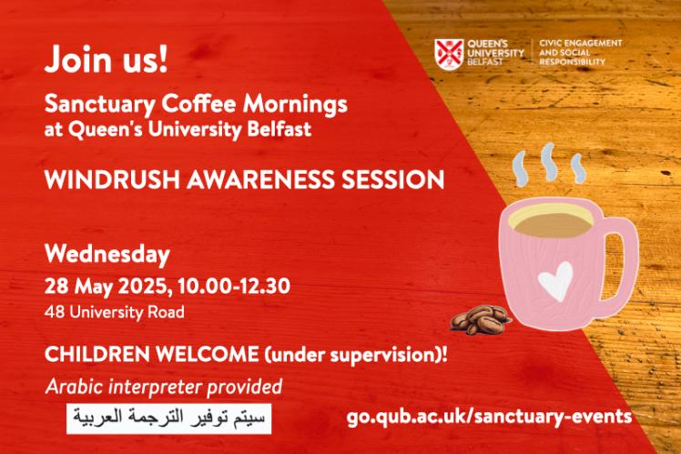 Flyer for Sanctuary Coffee Morning, with details of the event, a red background superimposed on a table with image of steaming coffee mug.
