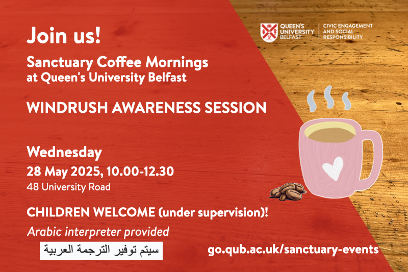 Flyer for Sanctuary Coffee Morning, with details of the event, a red background superimposed on a table with image of steaming coffee mug.