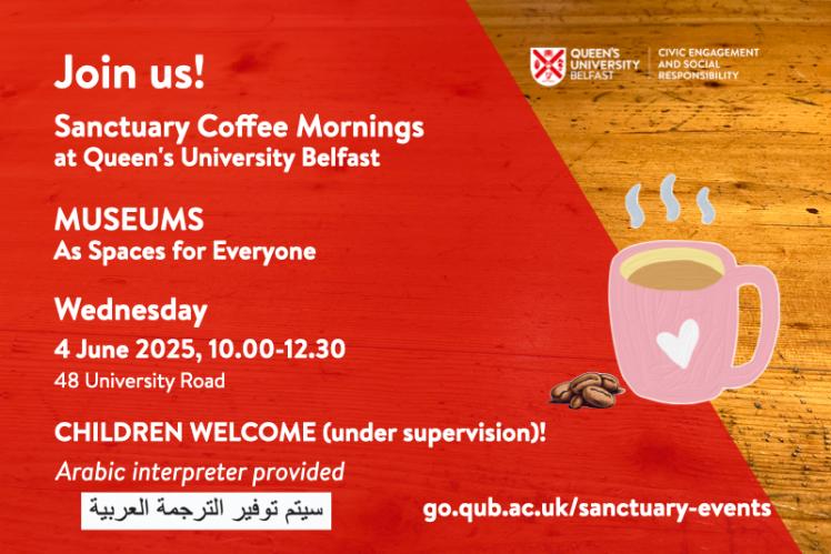 Flyer for Sanctuary Coffee Morning, with details of the event, a red background superimposed on a table with image of steaming coffee mug.
