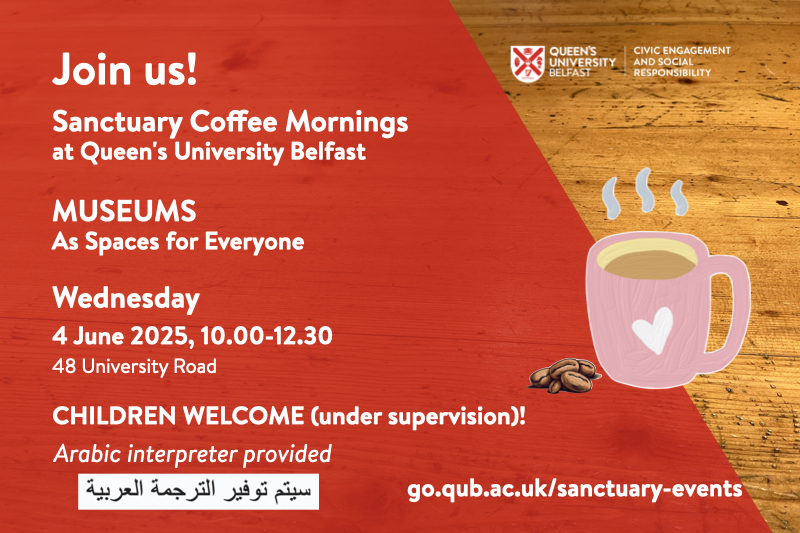 Flyer for Sanctuary Coffee Morning, with details of the event, a red background superimposed on a table with image of steaming coffee mug.