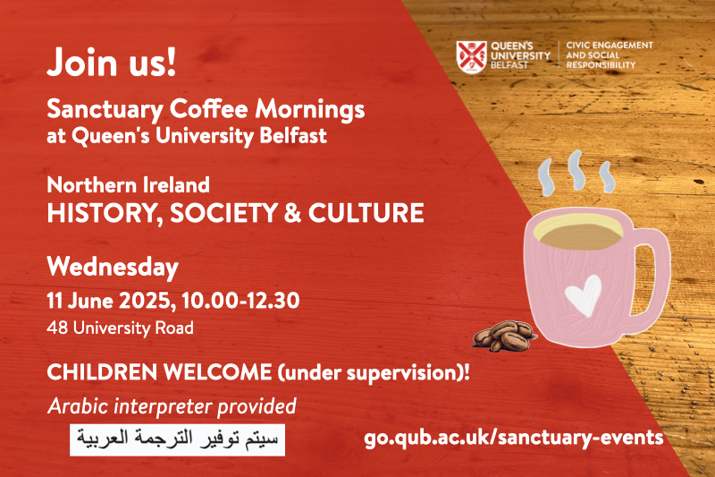 Flyer for Sanctuary Coffee Morning, with details of the event, a red background superimposed on a table with image of steaming coffee mug.